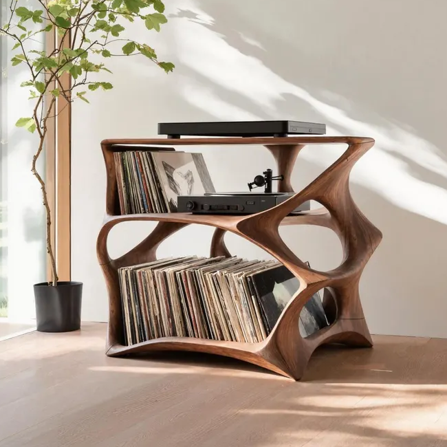 Handcrafted Record Stand – Artisan Solid Wood Vinyl Storage Unit | Elegant Living Room Decor | Modern Music Furniture